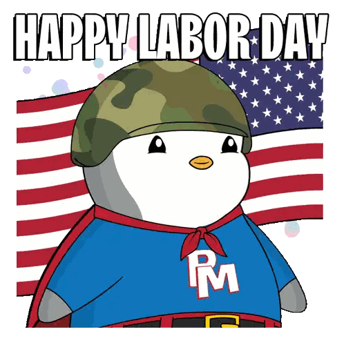 a penguin wearing a cape and a helmet with the words happy labor day on the bottom
