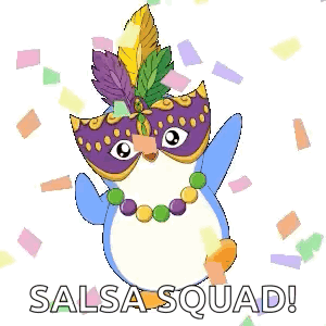 A Penguin Wearing A Carnival Mask And A Necklace Is Surrounded By Confetti And The Words `` Salsa Squad '' . GIF