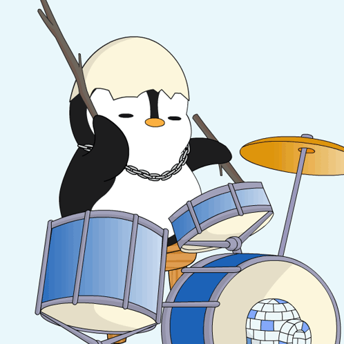 A Penguin Wearing A Chain Around Its Neck Is Playing The Drums GIF