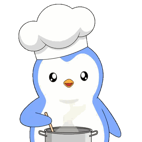 a penguin wearing a chef hat stirs a pot