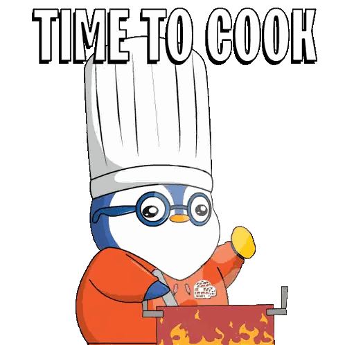a penguin wearing a chef 's hat is cooking in a pot and says time to cook