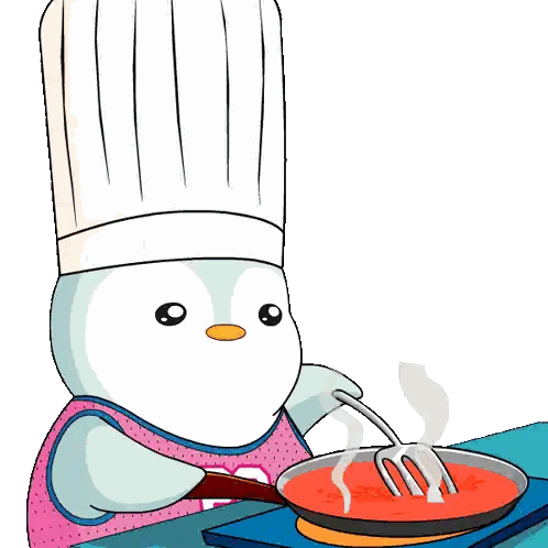a penguin wearing a chef 's hat is stirring a pan of tomato sauce