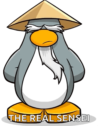 A Penguin Wearing A Conical Hat With The Words The Real Sensei Written On It GIF