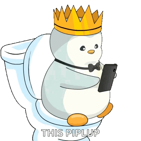 A Penguin Wearing A Crown And A Bow Tie Is Sitting On A Toilet Holding A Cell Phone . GIF