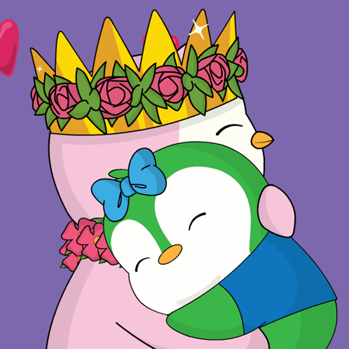 A Penguin Wearing A Crown Holds Another Penguin GIF