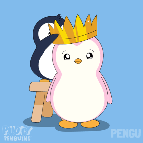 a penguin wearing a crown is next to another penguin on a stool