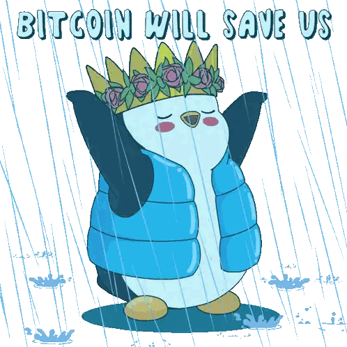 a penguin wearing a crown is standing in the rain with the words bitcoin will save us below it
