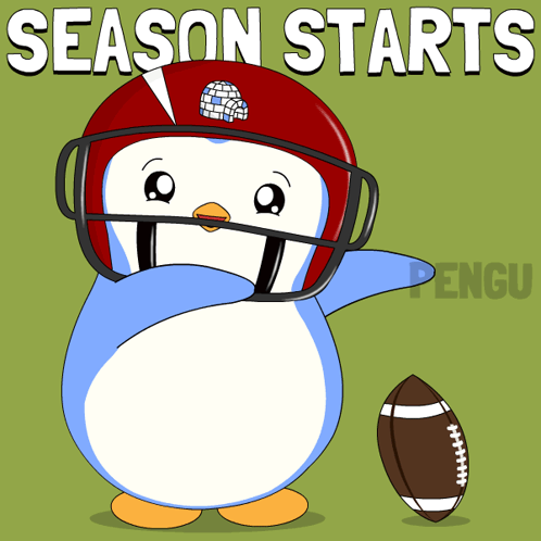 A Penguin Wearing A Football Helmet And Holding A Football With The Words Season Starts Behind It GIF