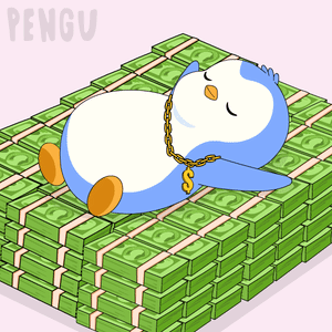 A Penguin Wearing A Gold Chain Is Laying On A Stack Of Money GIF
