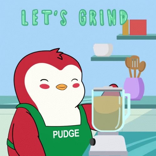 A Penguin Wearing A Green Apron That Says Pudge Is Holding A Blender GIF