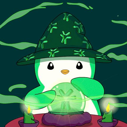 A Penguin Wearing A Green Hat Holds A Crystal Ball GIF