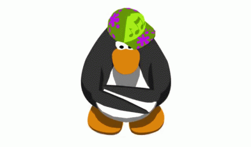 A Penguin Wearing A Green Hat With Musical Notes On It GIF