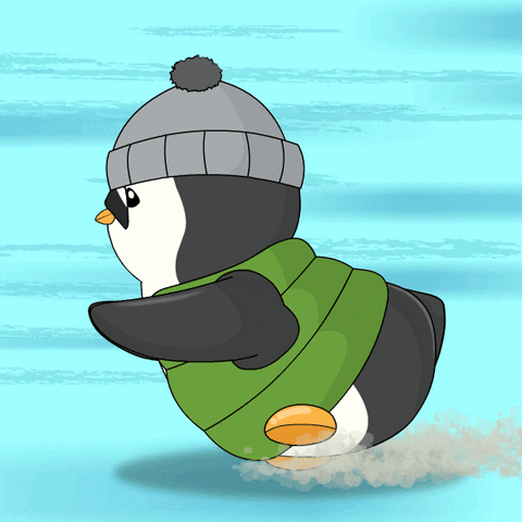 A Penguin Wearing A Green Sweater And A Grey Hat GIF
