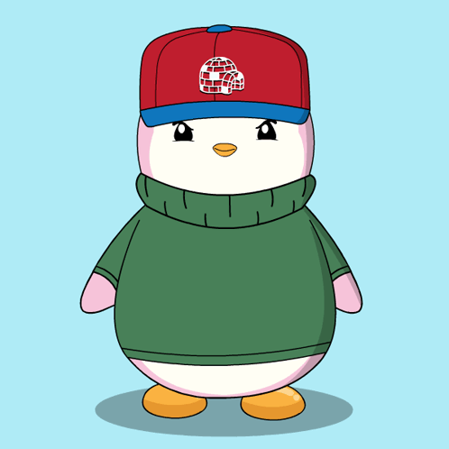 A Penguin Wearing A Green Sweater And A Red Hat With An Igloo On It GIF