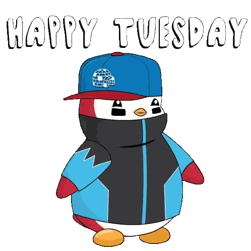 a penguin wearing a hat and a jacket says " happy tuesday "