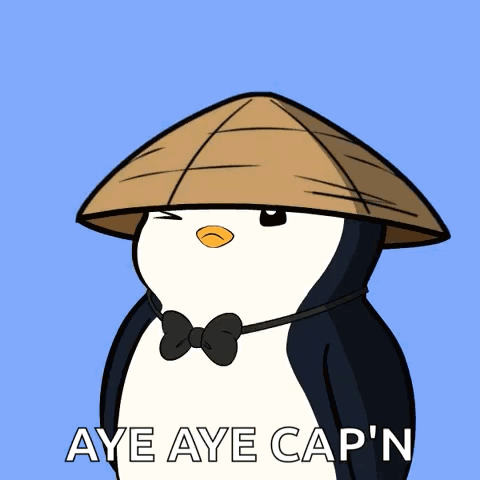 A Penguin Wearing A Hat And Bow Tie Says Aye Aye Cap N GIF