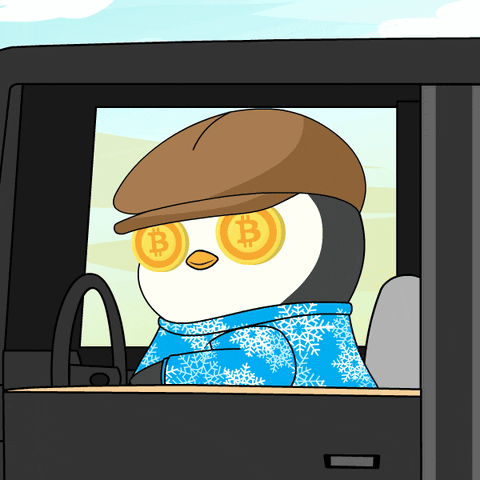 A Penguin Wearing A Hat And Scarf Has A Pair Of Bitcoin Glasses GIF