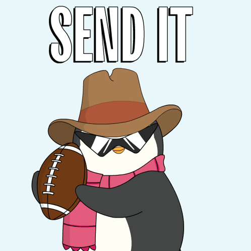 A Penguin Wearing A Hat And Scarf Is Hugging Another Penguin With The Words Send It Behind It GIF