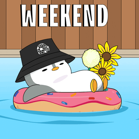 A Penguin Wearing A Hat Is Floating On A Donut In A Pool With The Word Weekend Written Above It GIF