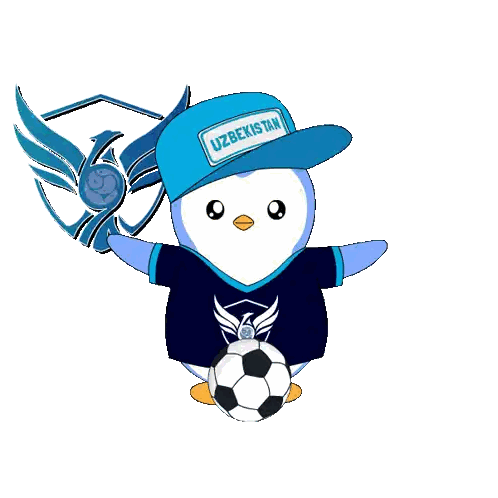 a penguin wearing a hat that says ' uzbekistan ' on it is holding a soccer ball