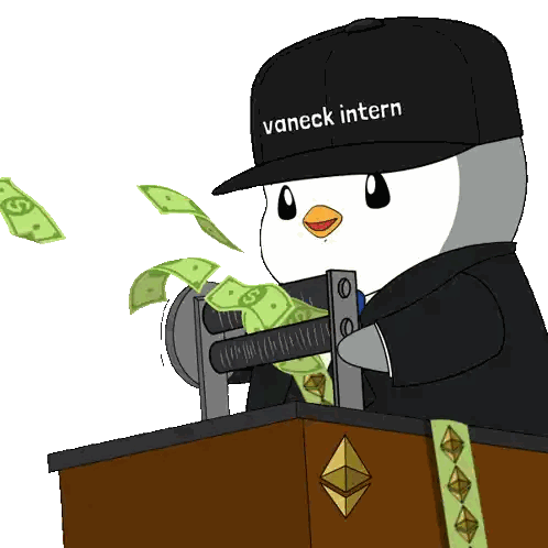 a penguin wearing a hat that says vaneck intern is holding money