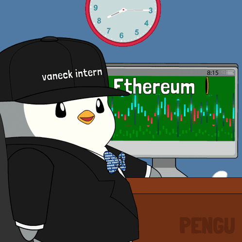 A Penguin Wearing A Hat That Says " Vaneck Intern " GIF