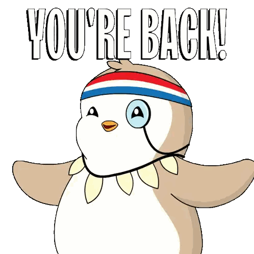 a penguin wearing a headband with the words you 're back