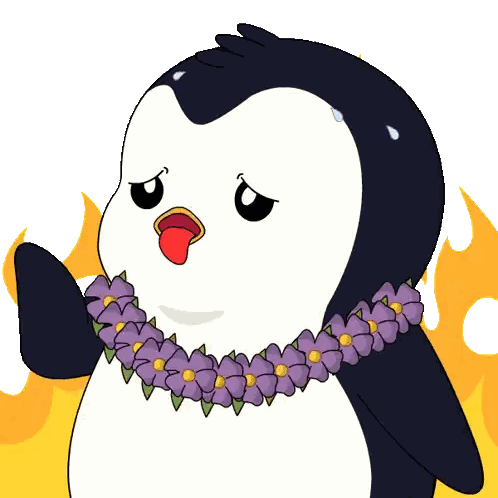 a penguin wearing a lei of purple flowers
