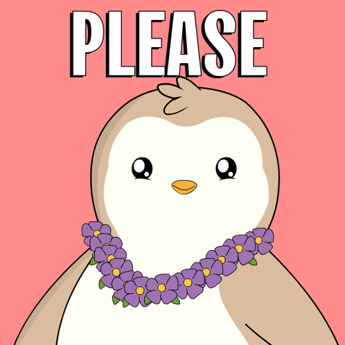 A Penguin Wearing A Lei Of Purple Flowers Is Asking For A Please GIF