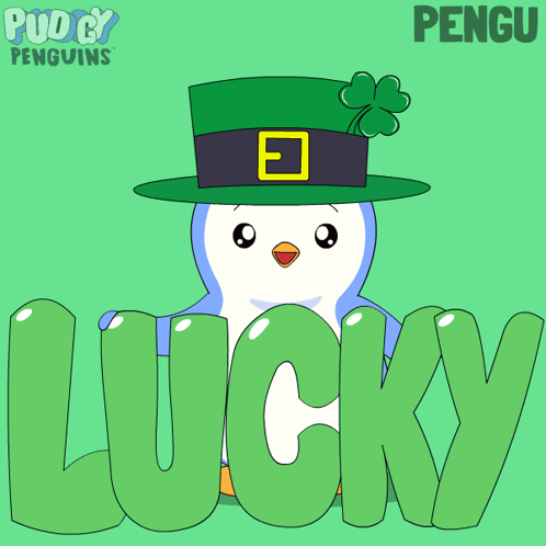 A Penguin Wearing A Leprechaun Hat Is Holding A Clover And The Word Lucky Behind It GIF