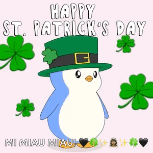 A Penguin Wearing A Leprechaun Hat Is Holding A Clover . GIF
