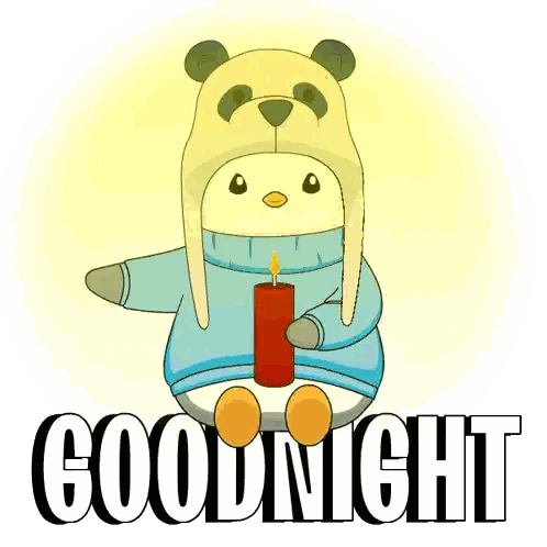 a penguin wearing a panda hat is holding a candle with the words goodnight written below it