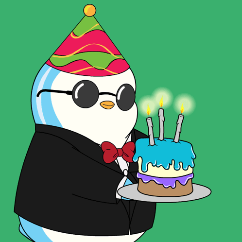 A Penguin Wearing A Party Hat And Sunglasses Holds A Birthday Cake GIF