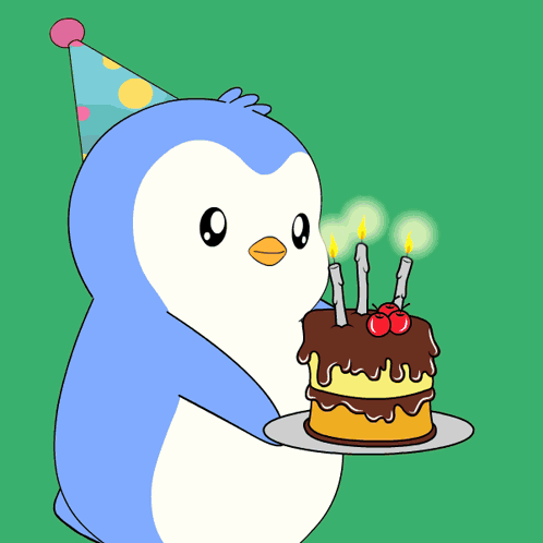 A Penguin Wearing A Party Hat Blows Out Candles On A Cake GIF