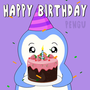 A Penguin Wearing A Party Hat Is Holding A Birthday Cake With Strawberries And A Candle GIF