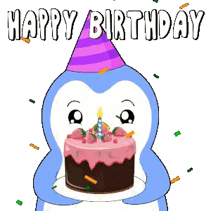 a penguin wearing a party hat is holding a birthday cake with strawberries on it