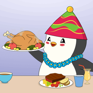 A Penguin Wearing A Party Hat Is Holding Up A Plate Of Food GIF