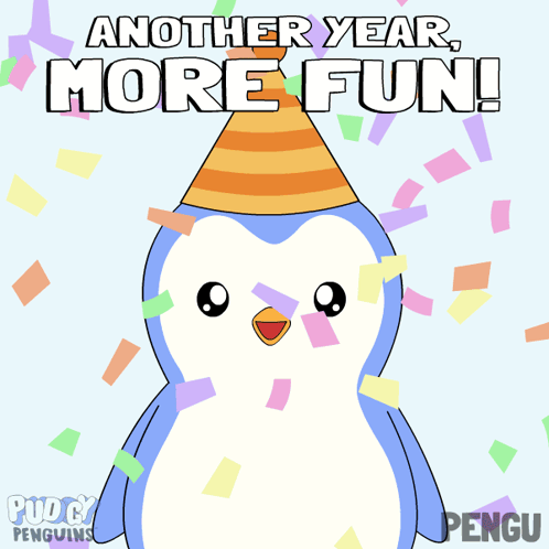 A Penguin Wearing A Party Hat With The Words Another Year More Fun GIF