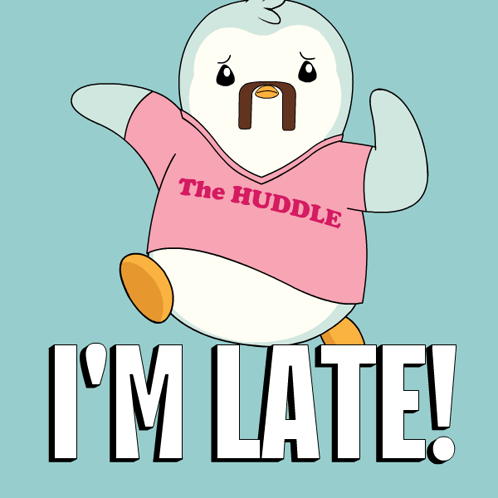 A Penguin Wearing A Pink Shirt That Says " The Huddle " GIF