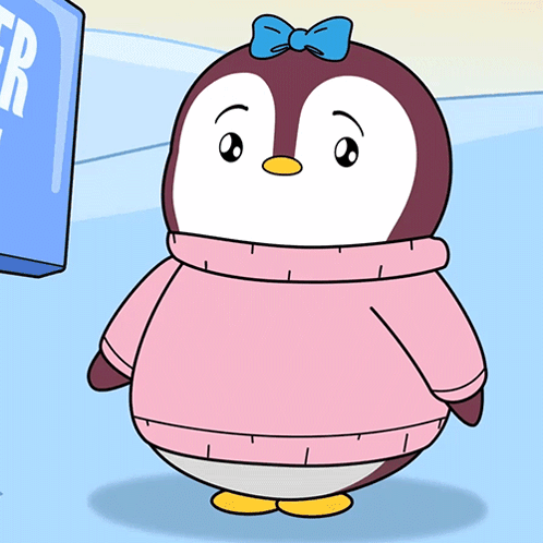 A Penguin Wearing A Pink Sweater And A Blue Bow GIF