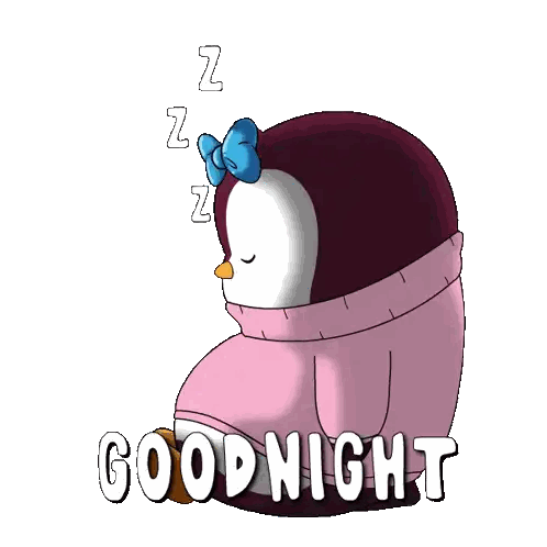 a penguin wearing a pink sweater and a blue bow is sleeping with the words goodnight written below it