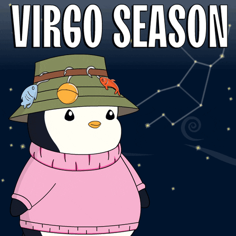 A Penguin Wearing A Pink Sweater And A Hat With The Words Virgo Season On It GIF