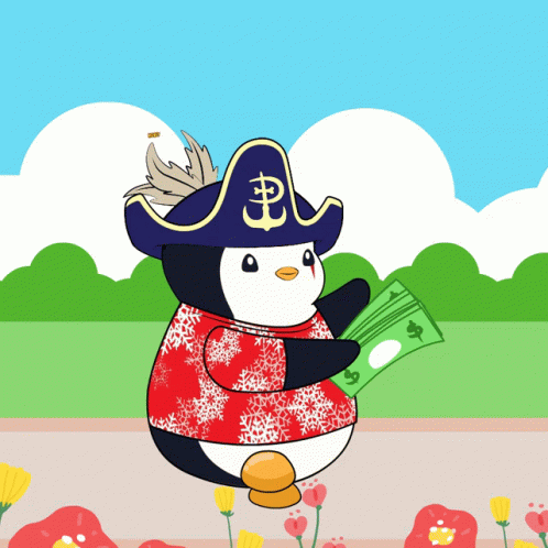 A Penguin Wearing A Pirate Hat And A Red Shirt Holds A Dollar Bill GIF