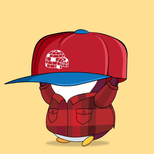 A Penguin Wearing A Plaid Jacket And A Red Hat GIF
