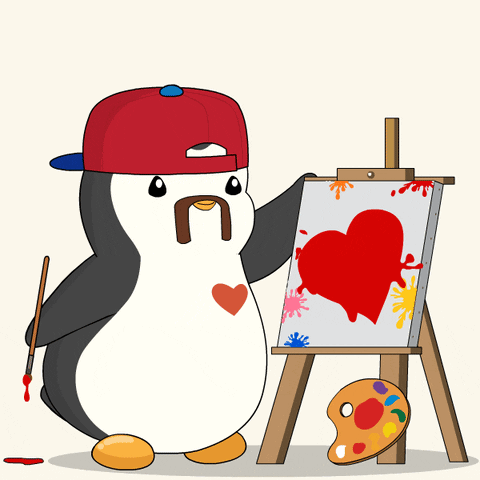 A Penguin Wearing A Red Hat Is Painting A Picture Of A Heart GIF