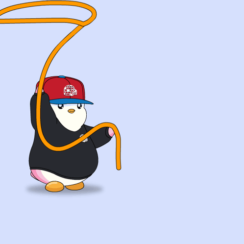 A Penguin Wearing A Red Hat Is Pulling A Large Gold Triangle GIF