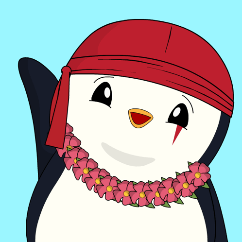 A Penguin Wearing A Red Headband And A Flower Lei Around Its Neck GIF