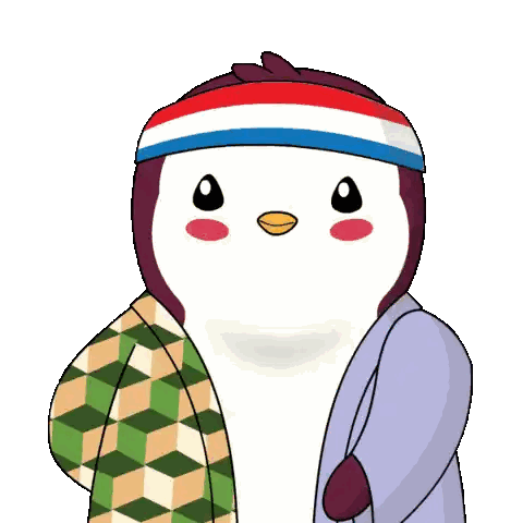 a penguin wearing a red white and blue headband and a hoodie