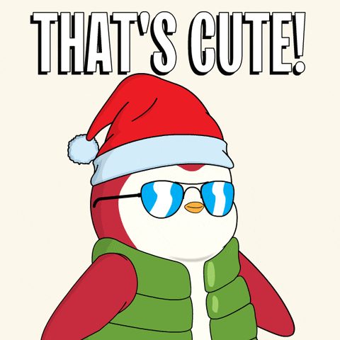 A Penguin Wearing A Santa Hat And A Green Vest With The Words That 'S Cute Below It GIF