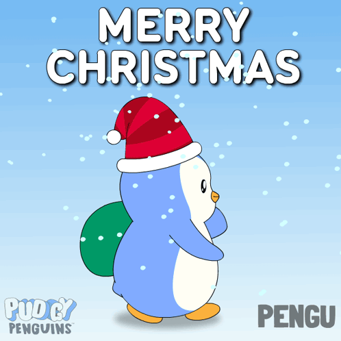 A Penguin Wearing A Santa Hat And Carrying A Bag Of Presents With The Words Merry Christmas Written Above It GIF
